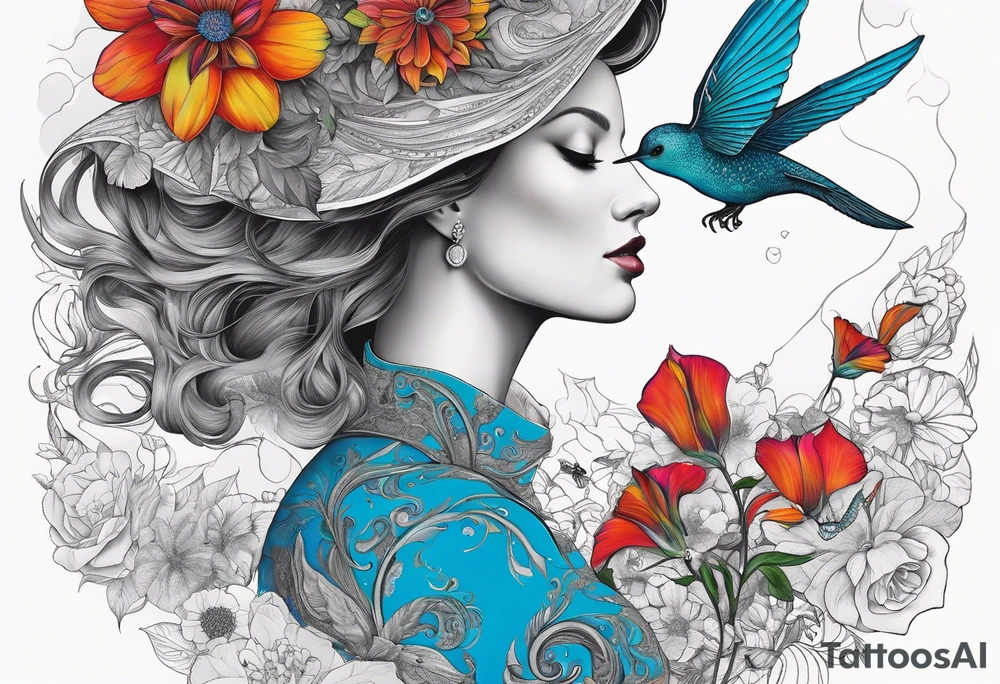 Surrealism, blue whale, hummingbird, gray lady face, flowers, bold color, collage tattoo idea