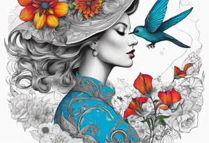 Surrealism, blue whale, hummingbird, gray lady face, flowers, bold color, collage tattoo idea