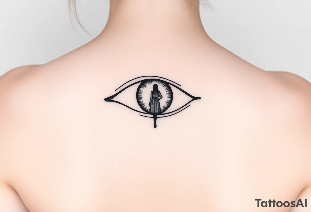 A fine line design featuring an longing eye with the reflection of an ambiguous woman walking away tattoo idea