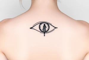 A fine line design featuring an longing eye with the reflection of an ambiguous woman walking away tattoo idea