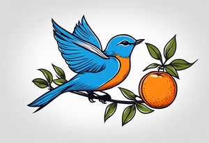 flying bluebird holding orange blossom branch tattoo idea