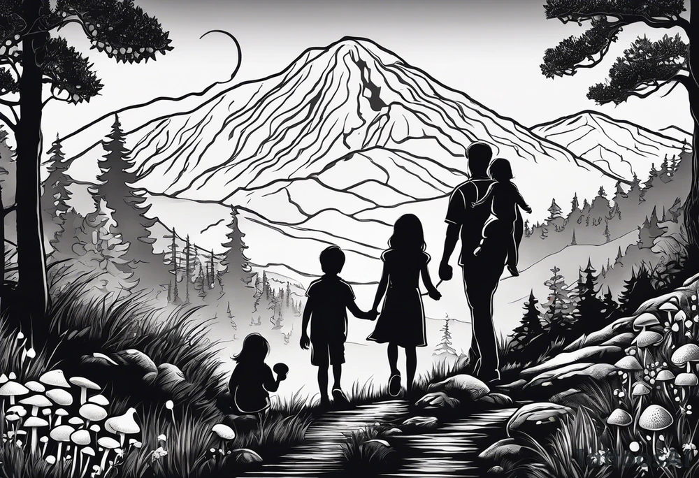 Family silhouette of a father, a mother, oldest son, middle daughter, and small daughter foraging mushrooms with mountains and creek in background tattoo idea