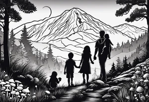 Family silhouette of a father, a mother, oldest son, middle daughter, and small daughter foraging mushrooms with mountains and creek in background tattoo idea
