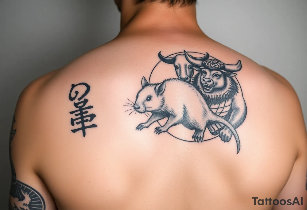 Japanese style tattoo consisting zodiac animals: rat(in the middle) with dog, goat, and ox surrounding the rat dressed up Samurai warrior style in a circular formation on the left of back tattoo idea