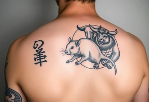 Japanese style tattoo consisting zodiac animals: rat(in the middle) with dog, goat, and ox surrounding the rat dressed up Samurai warrior style in a circular formation on the left of back tattoo idea