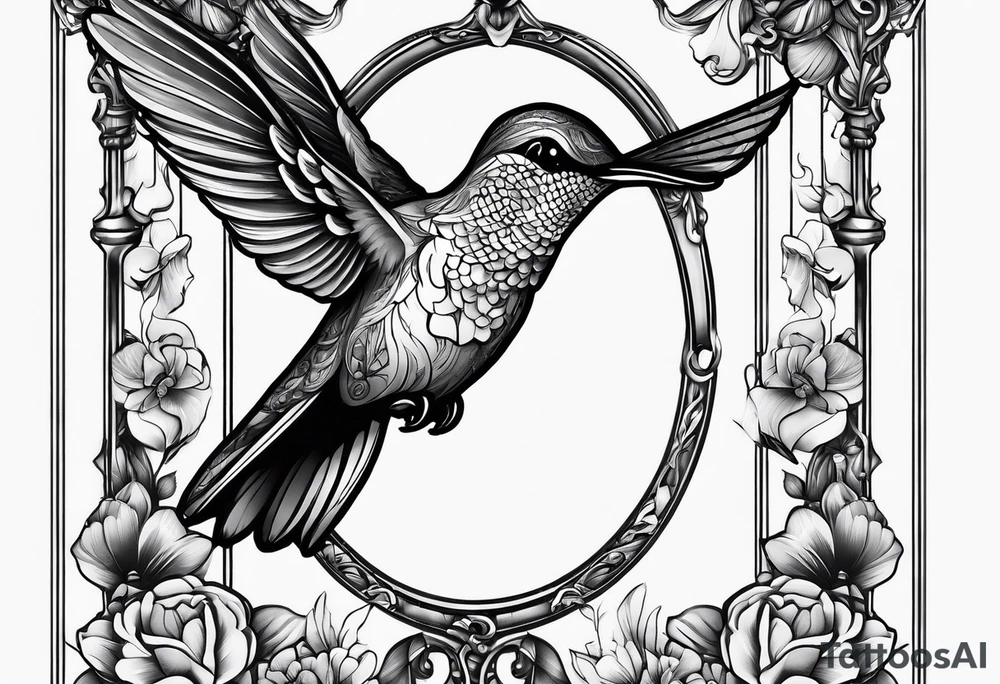 hummingbird with sad angel on swing coming out of tail feathers tattoo idea