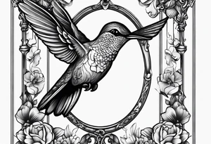 hummingbird with sad angel on swing coming out of tail feathers tattoo idea