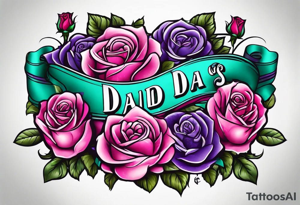 Dad, roses, teal, pink, purple tattoo idea