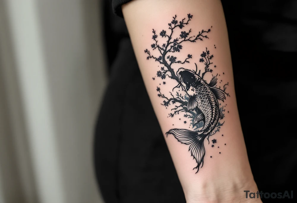 koi fish  with a dragon 
with a sakura tree in the background, Japanese inspired piece tattoo idea
