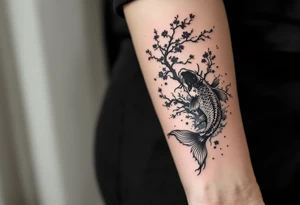 koi fish  with a dragon 
with a sakura tree in the background, Japanese inspired piece tattoo idea