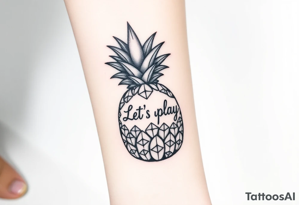 A black ink wrist tattoo featuring a realistic yet minimalistic pineapple. The pineapple is finely detailed with clean, precise lines, capturing the natural texture of the fruit while keeping the design subtle and uncluttered. Inside the body of the pineapple, the phrase "Let's play" is clearly placed in a bold but not overly thick font, ensuring readability while maintaining balance with the overall design. The leaves of the pineapple have a fine-line style with slight variations in thickness for a natural feel. The tattoo blends fine details with subtle bold elements, creating a clean and modern aesthetic. tattoo idea