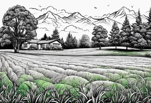 Green lawn with sprinklers running tattoo idea