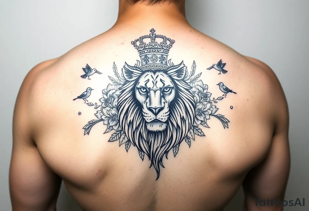 powerful majestic lion with a crown, surrounded by floral ornaments and birds on a shoulder tattoo idea