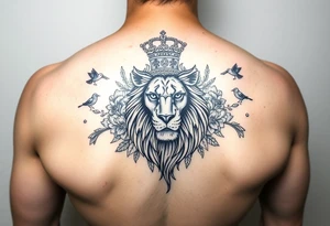 powerful majestic lion with a crown, surrounded by floral ornaments and birds on a shoulder tattoo idea