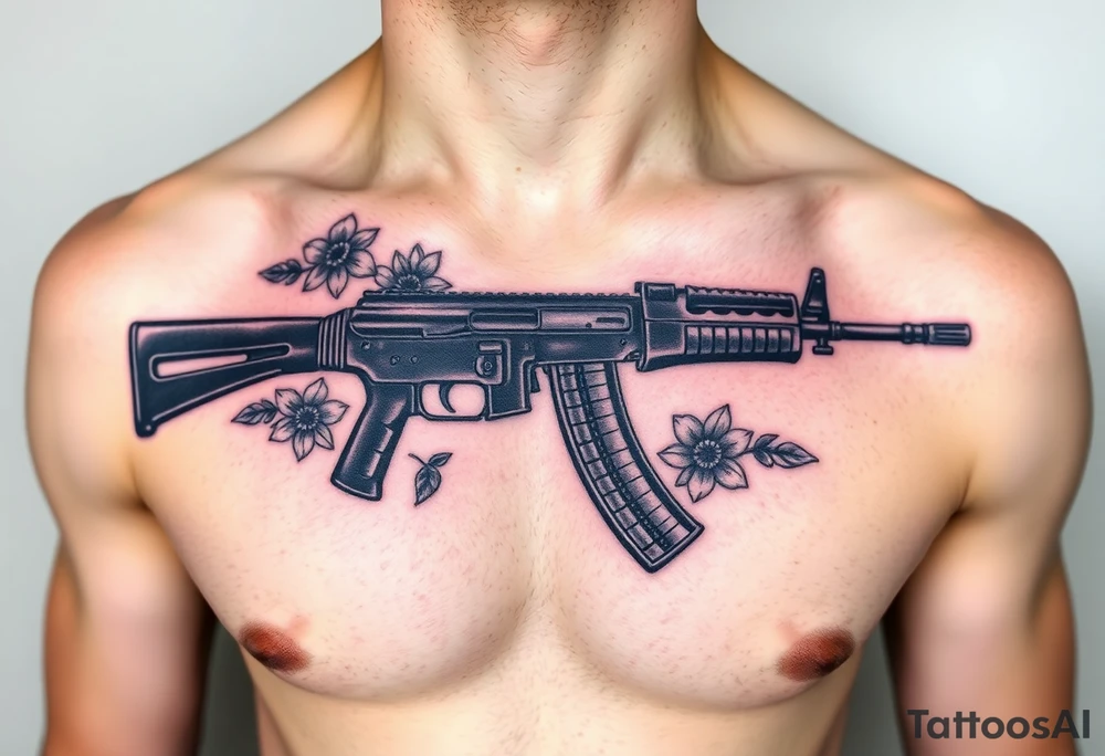 ak 47 black silhouette with floreal details tattoo idea