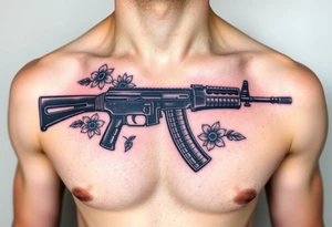 ak 47 black silhouette with floreal details tattoo idea