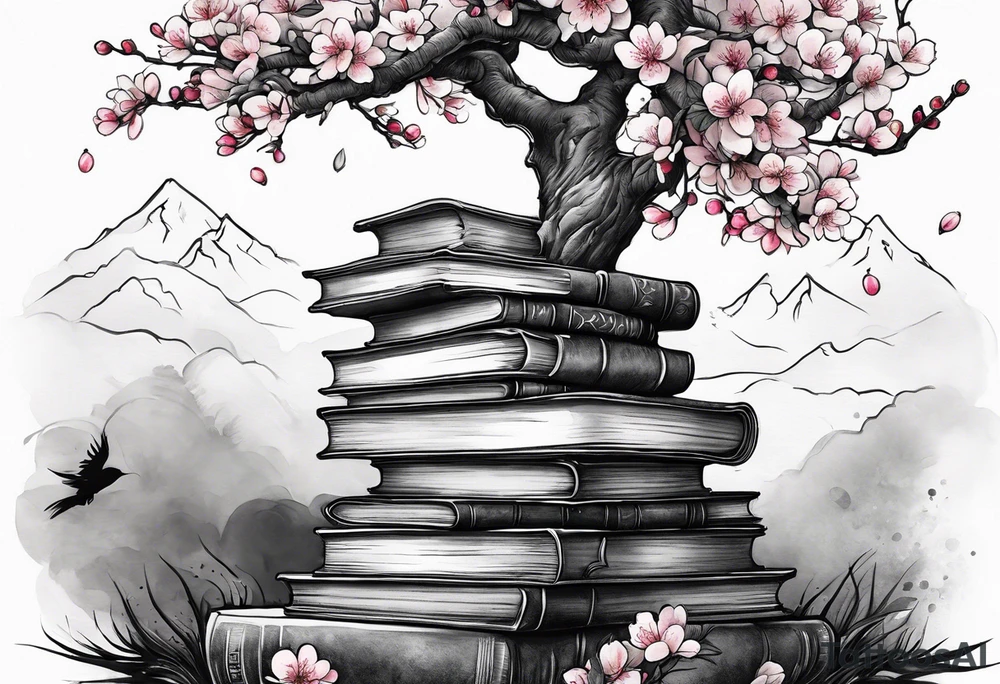 Cherry blossom tree growing out of a stack of books tattoo idea