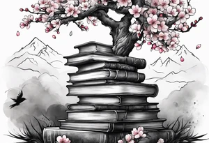 Cherry blossom tree growing out of a stack of books tattoo idea