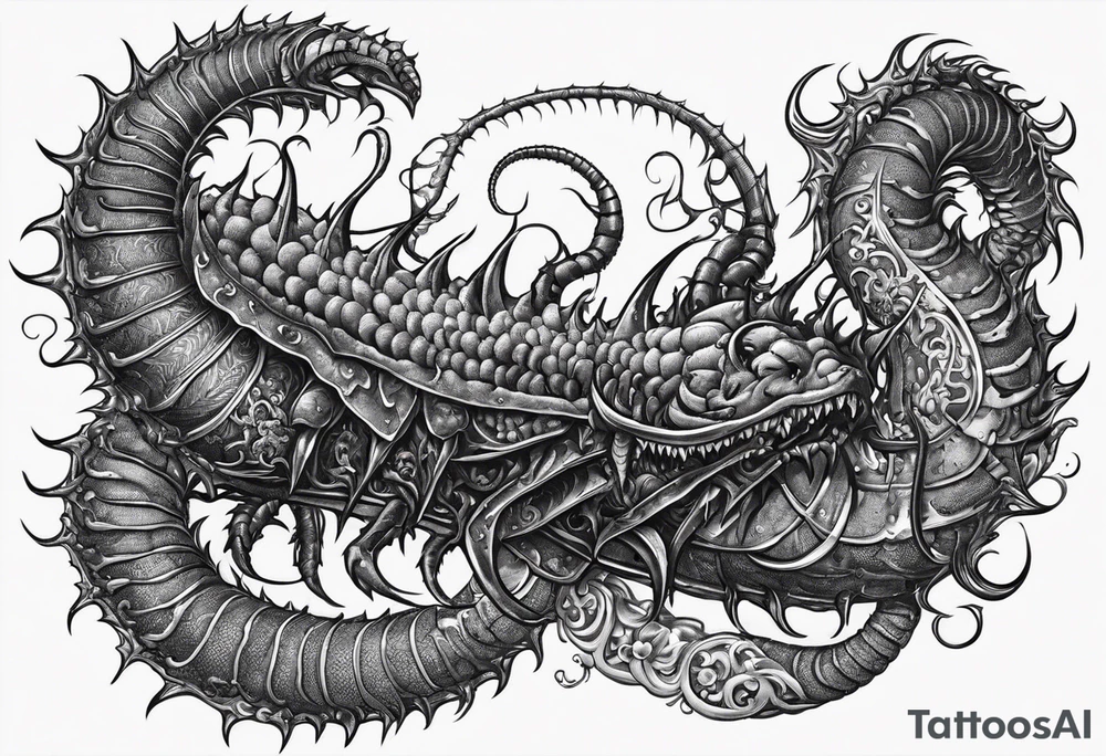 medieval  demonic centipede 
 with a fine point and sketch style tattoo idea