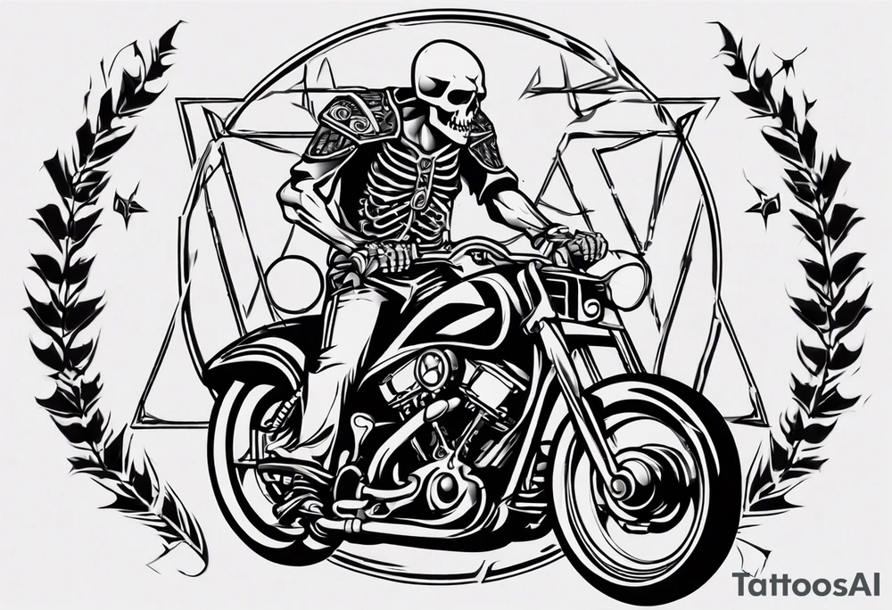 I want a tattoo of a motorcycle and a skeleton in the back with the name “Viking Customs” incorporated in the design tattoo idea
