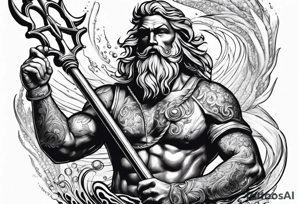 Scuba diver holding a trident of Poseidon underwater tattoo idea