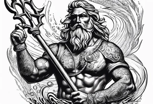 Scuba diver holding a trident of Poseidon underwater tattoo idea