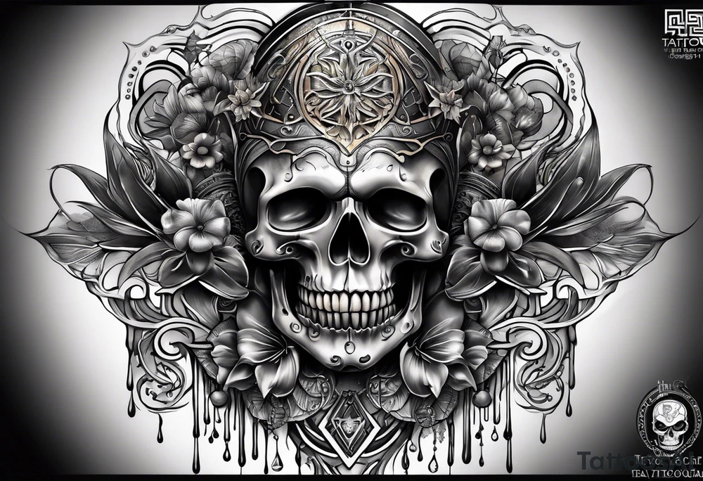 H.R. Giger tattoo with evil skull, various flowers, geometric shapes, water flow and fall colors tattoo idea