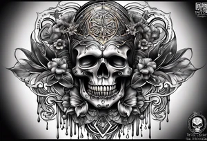H.R. Giger tattoo with evil skull, various flowers, geometric shapes, water flow and fall colors tattoo idea