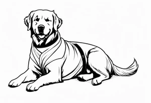a golden retriever in a jujitsu gi including belt full body view tattoo idea