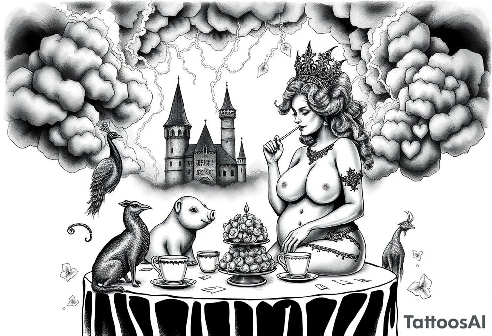 Storm lightening clouds gothic sexy naked fat lady having a tea party with tea pot and medieval castle
with a pig, peacock, noose, lion, goat, smoking cigerettes looking in the mirror having sex with a man naked eating a cake thru storm clouds with razor blades and broken hearts and darkness and wrath, envy , gluttony, greed, sloth, pride kill tattoo idea