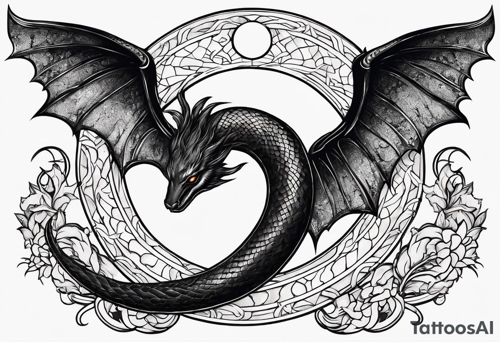 crescent moon has lucifer's snake wrapped around it from bottom up, small and simple tattoo idea