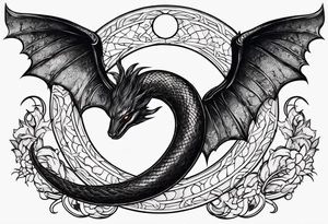 crescent moon has lucifer's snake wrapped around it from bottom up, small and simple tattoo idea