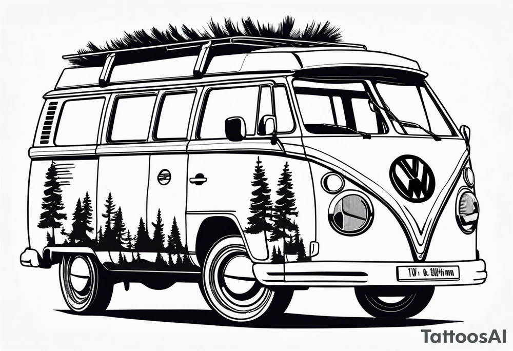 VW california t6 in Front of a pine tree on a beach tattoo idea