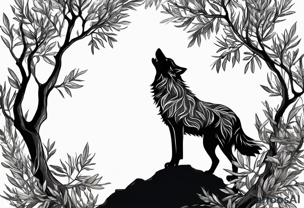 realistic howling wolf drawn with olive tree branches and leaves tattoo idea
