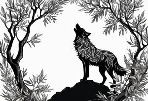 realistic howling wolf drawn with olive tree branches and leaves tattoo idea