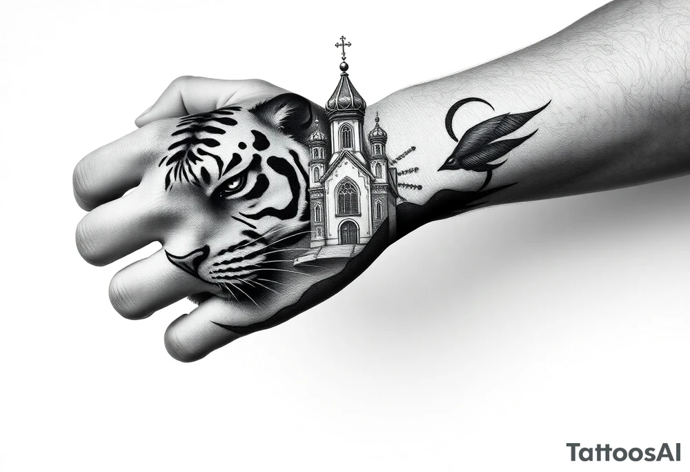 in a dorsal view of the hand and forearm a tiger face on the hand with black hollowed eyes, then above this a orthodox church shrouded with a mist and fading into a virgin mary overlooking tattoo idea