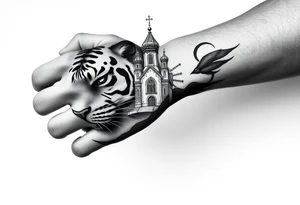 in a dorsal view of the hand and forearm a tiger face on the hand with black hollowed eyes, then above this a orthodox church shrouded with a mist and fading into a virgin mary overlooking tattoo idea