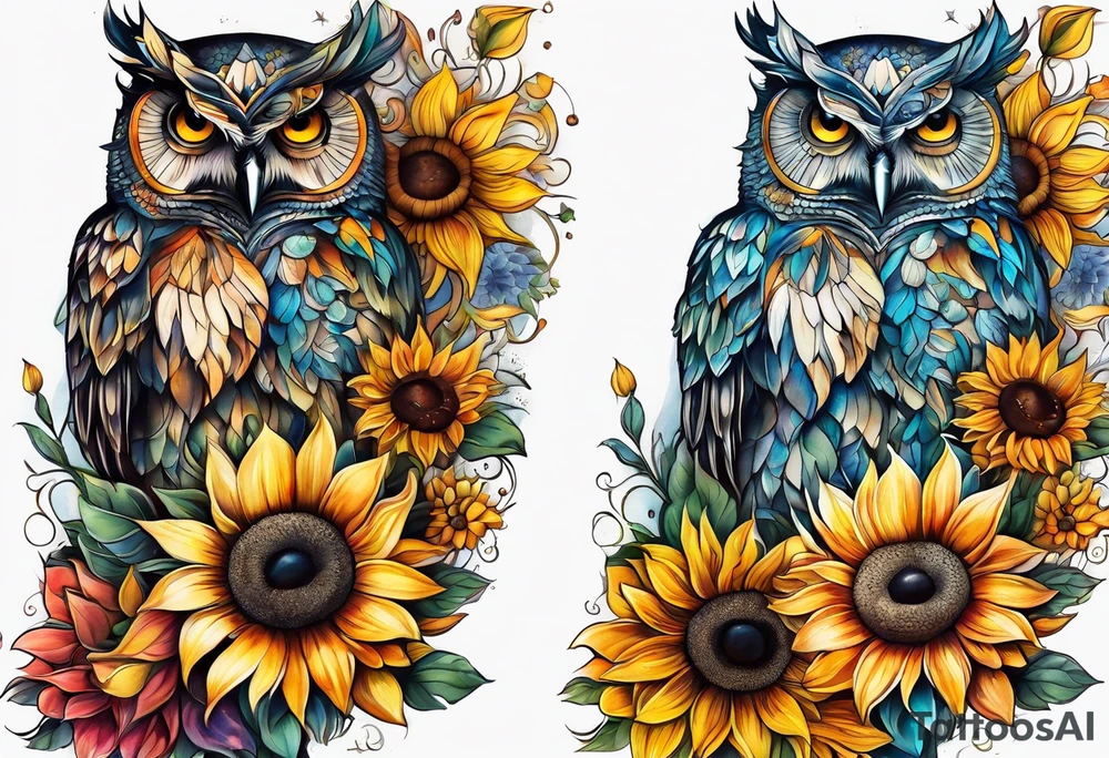 Leg sleeve with colorful sunflowers and an owl tattoo idea