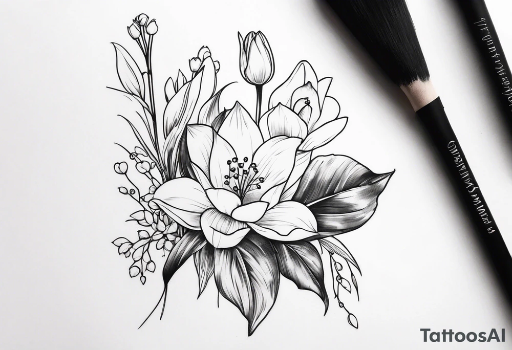 Lily of the valley, rose, greenery, tiny frog, tulips, grasses lower arm tattoo idea