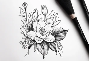 Lily of the valley, rose, greenery, tiny frog, tulips, grasses lower arm tattoo idea
