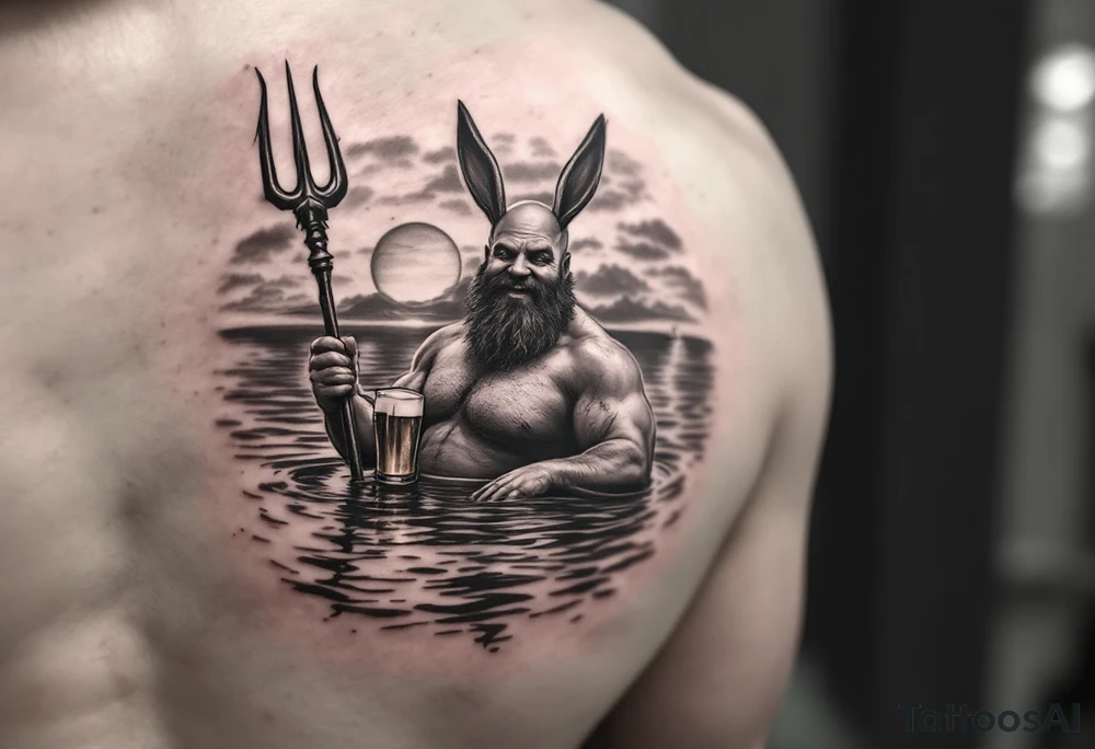 young, happy, fat, balding, poseidon in calm water, holding a trident, drinking a beer, with sunset, with ski boat, with bunny ears tattoo idea