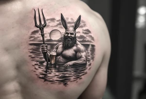 young, happy, fat, balding, poseidon in calm water, holding a trident, drinking a beer, with sunset, with ski boat, with bunny ears tattoo idea