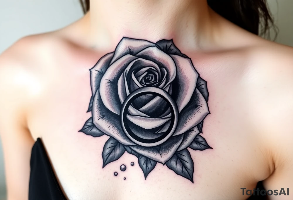 A majestic blooming rose wrapped around a two wedding rings, with dewdrops reflecting light tattoo idea