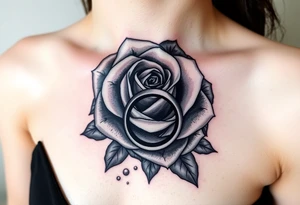 A majestic blooming rose wrapped around a two wedding rings, with dewdrops reflecting light tattoo idea