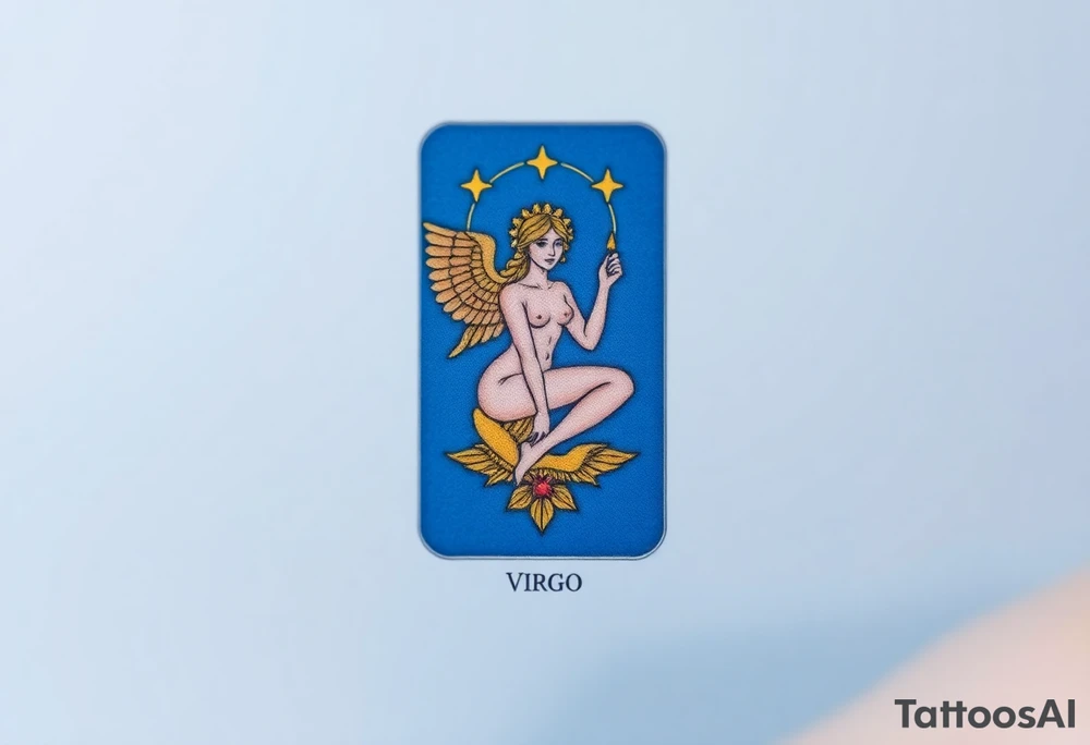 A tarot card featuring the Virgo symbol, with intricate gold detailing and a rich deep blue background tattoo idea