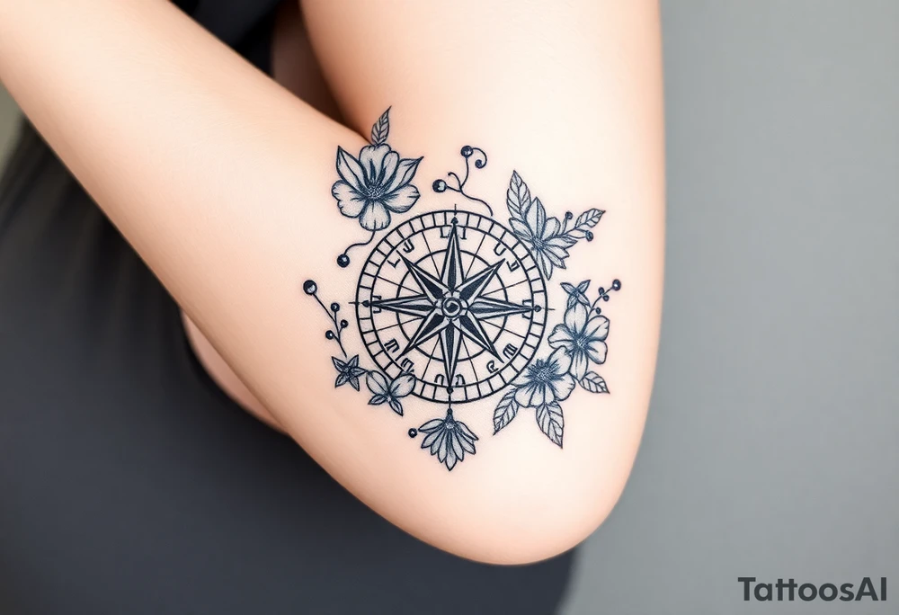 Abstract Compass surrounded with wild flowers tattoo idea