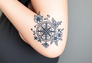 Abstract Compass surrounded with wild flowers tattoo idea