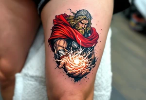 Thor’s red cape flowing in the wind, with Mjölnir spinning above his open palm, creating a vortex of energy, in cinematic full color with glowing white streaks. tattoo idea