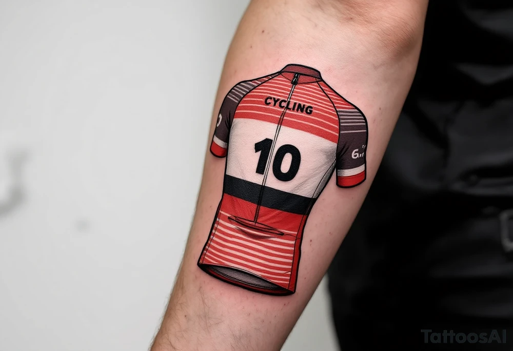 A stylized cycling jersey with race number, subtly adorned with stripes and patterns to evoke the essence of competitive cycling. The jersey design can incorporate shades of red, white, and black, with the number in bold black ink. This tattoo could emphasize the rider’s dedication and connection to the sport. tattoo idea