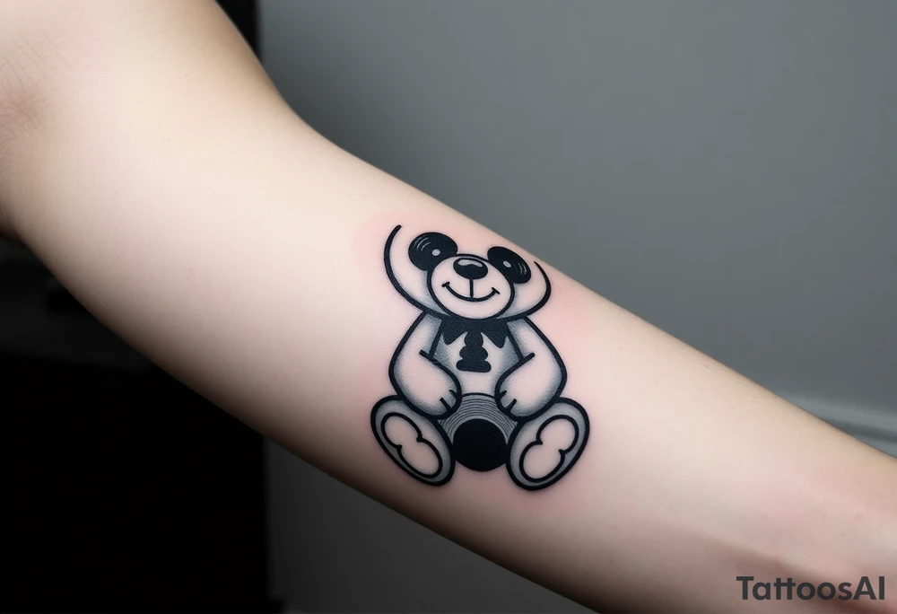 minimalist teddy bear with vinyl records as eyes smiling and sitting on a record yer tattoo idea